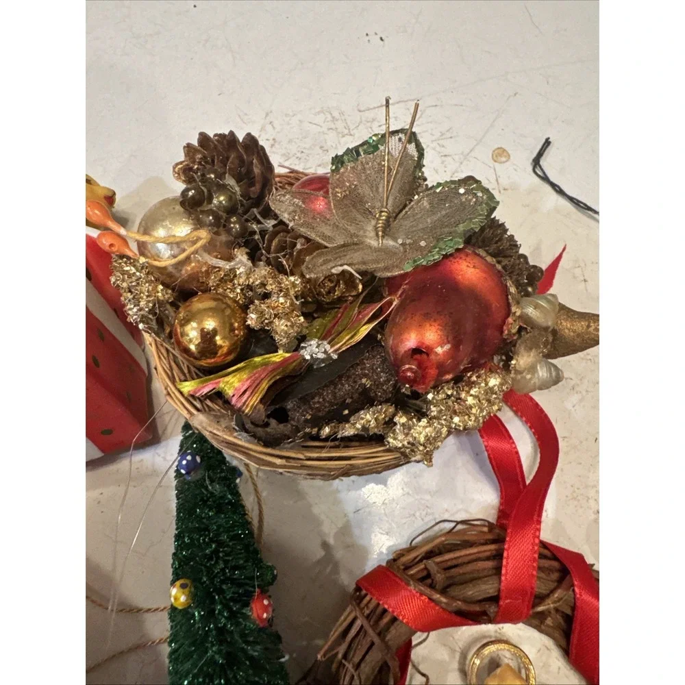 Vintage lot 9 Mixed Christmas Tree Ornaments Mouse Bird Nest Santa Sheep Kitschy